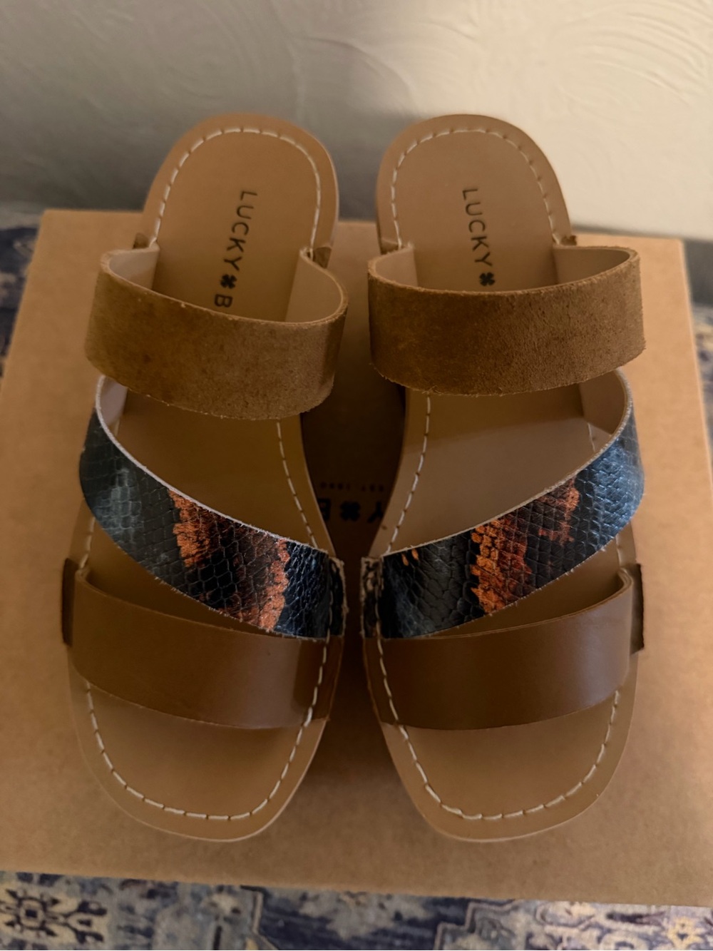 Lucky Brand Tan Slide Sandals with Black and Rust Snake-Print Strap